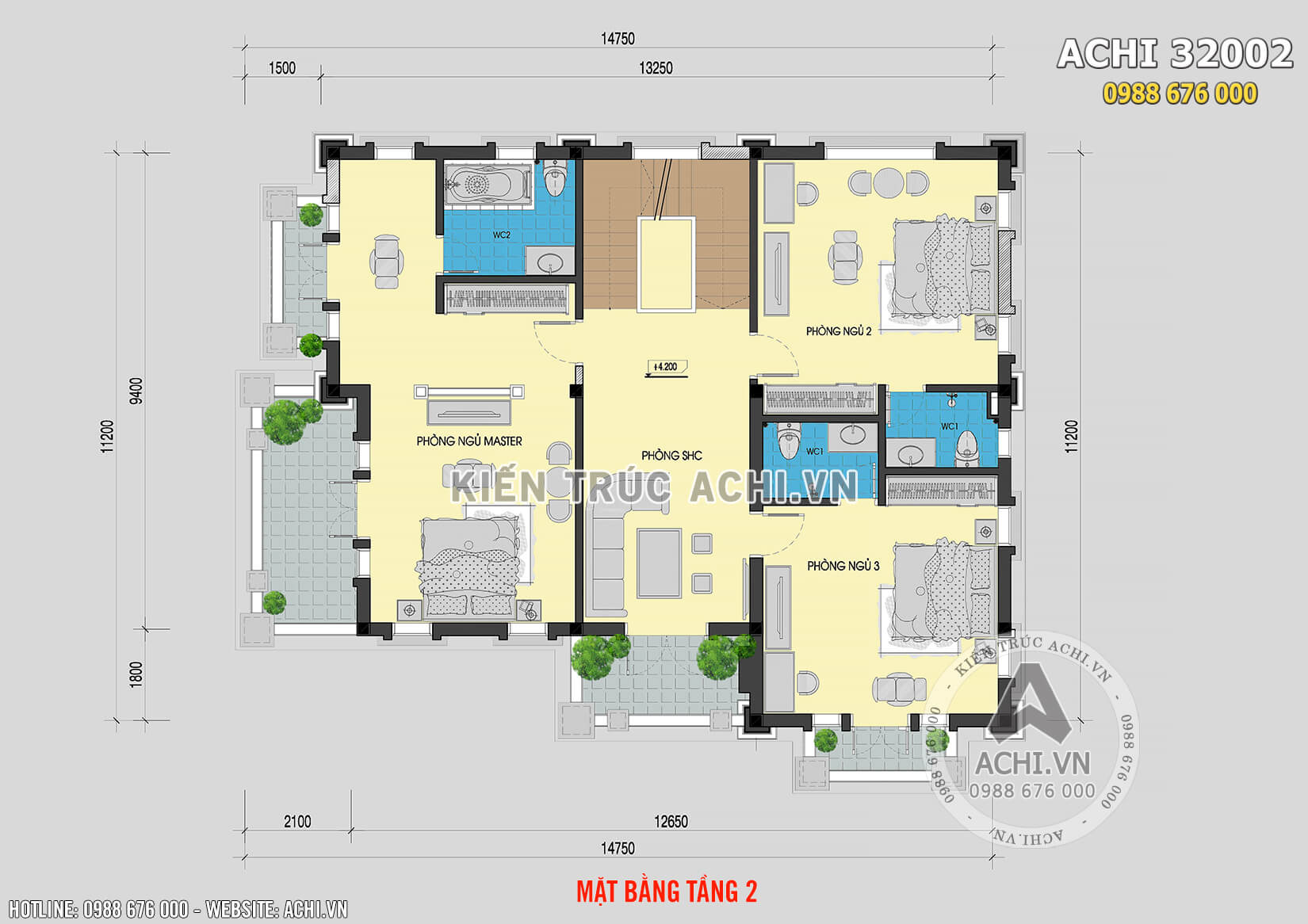 Mặt bằng tầng 2 của mẫu thiết kế 3 tầng mái Thái đẹp