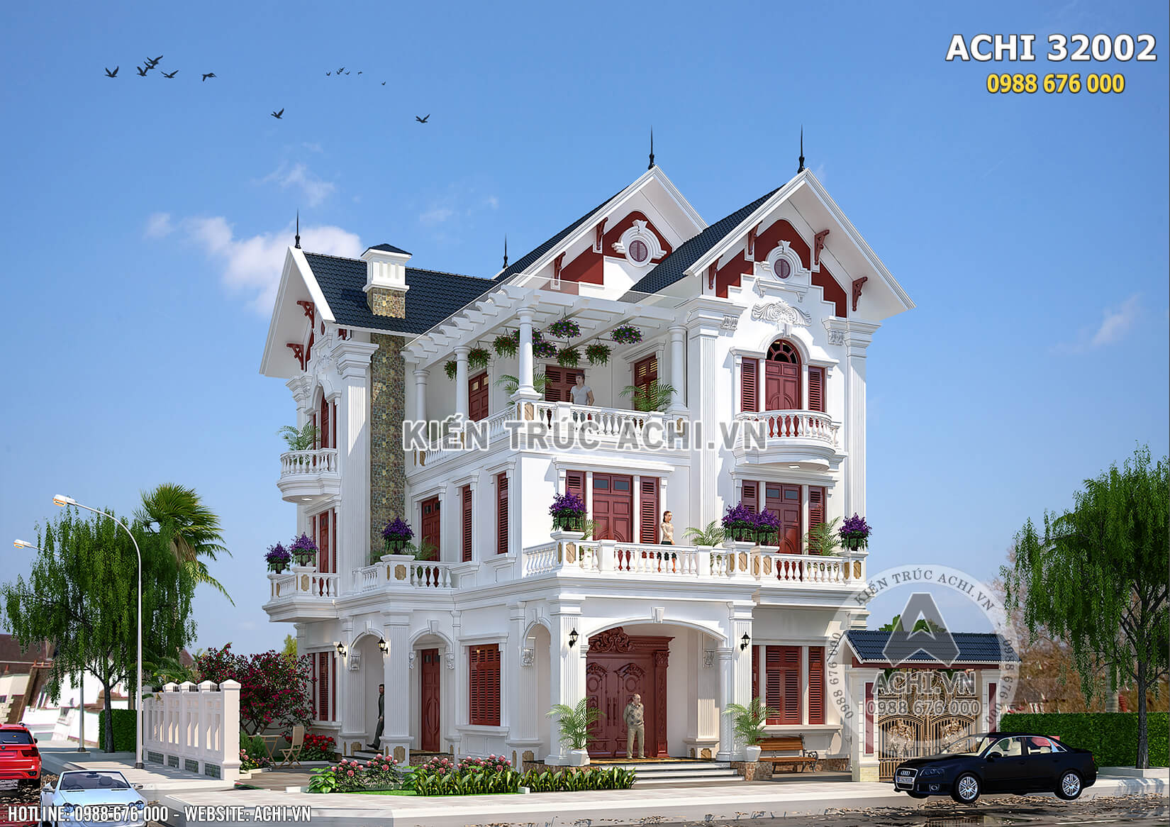 Phối cảnh mặt tiền của mẫu biệt thự mái thái 3 tầng đẹp kiến trúc Pháp tại Nam Định - Mã số: ACHI32002