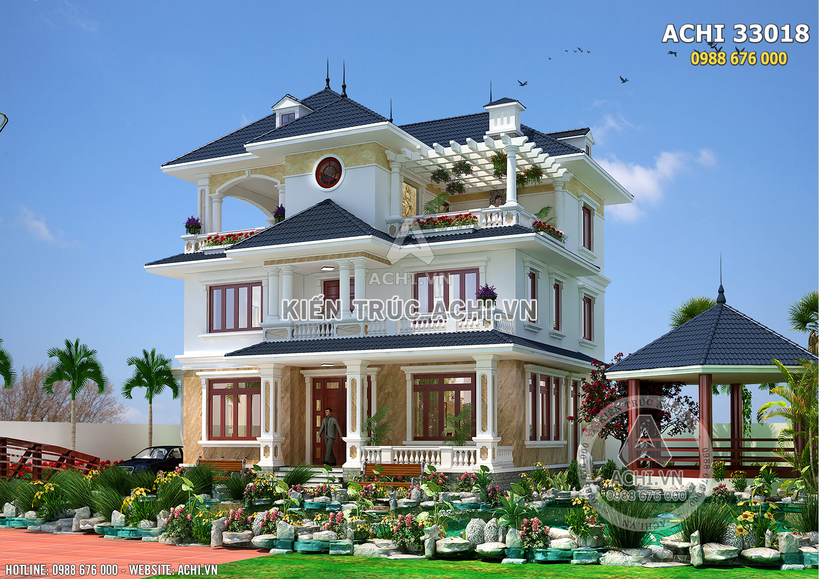 Một view đẹp mẫu nhà mái Thái 3 tầng có hồ bơi phía trước đẹp - Mã số: AChi33018