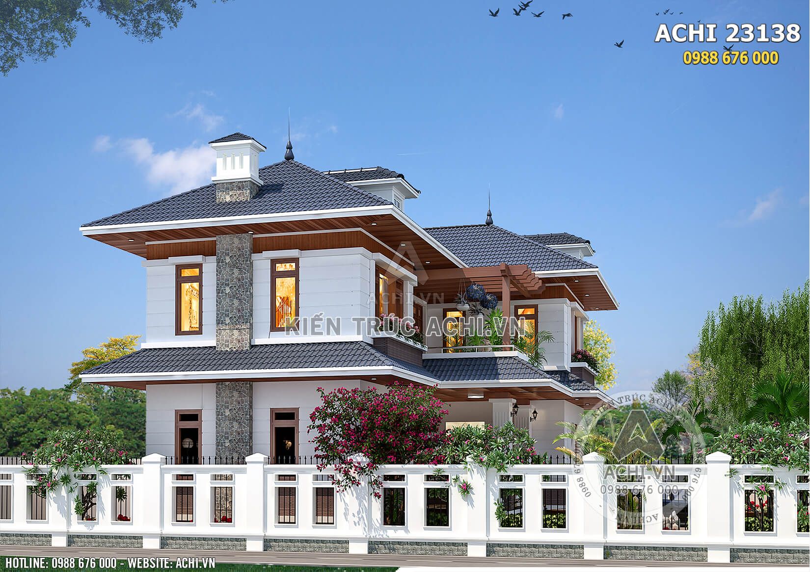 Kiến trúc mái Thái đẹp của mẫu nhà 2 tầng hình chữ L - Mã số: ACHI23138