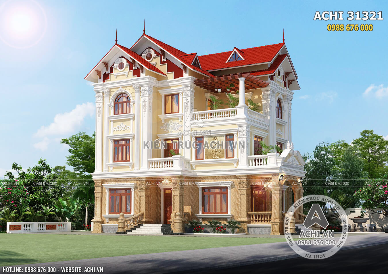 Thiết kế biệt thự mái thái 3 tầng tân cổ điển tại Hà Nam - ACHI 31321