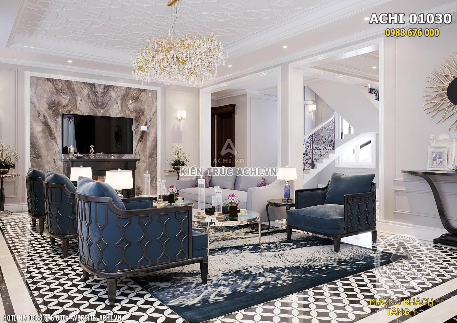 Thiết kế nội thất phòng khách theo phong cách tân cổ điển kết hợp hiện đại