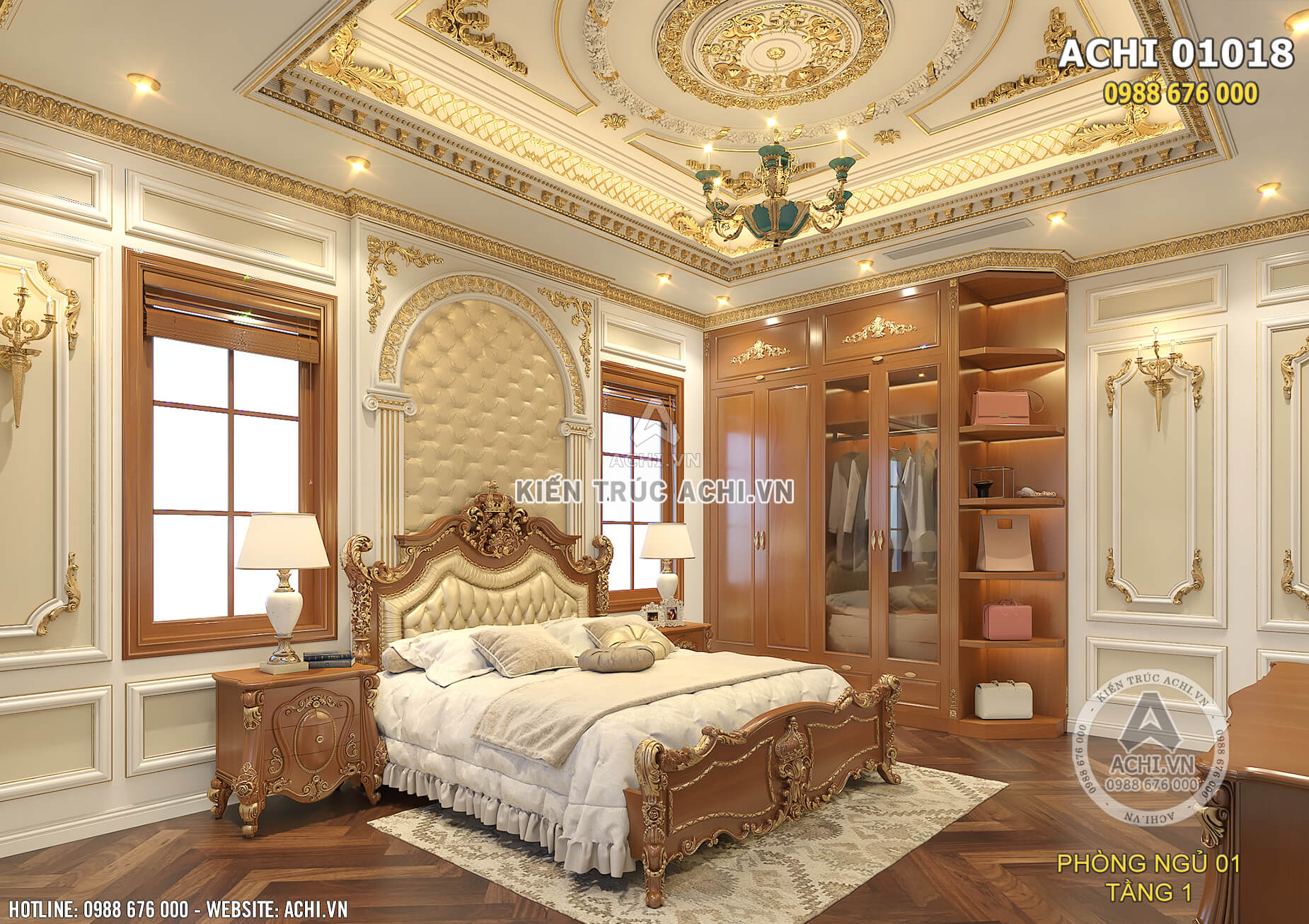 Thiết kế không gian nội thất phòng ngủ đẹp theo phong cách tân cổ điển xa hoa, lộng lẫy