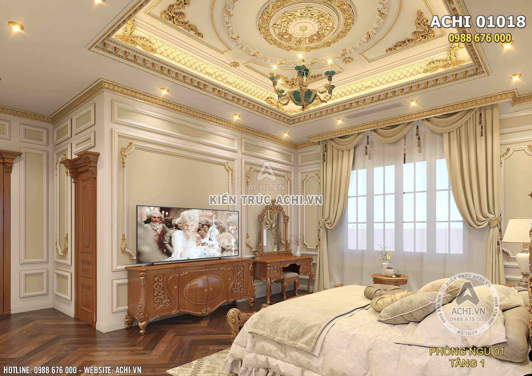 Không gian phòng ngủ sang trọng, đẳng cấp tại tầng 1 được thiết kế theo phong cách tân cổ điển.
