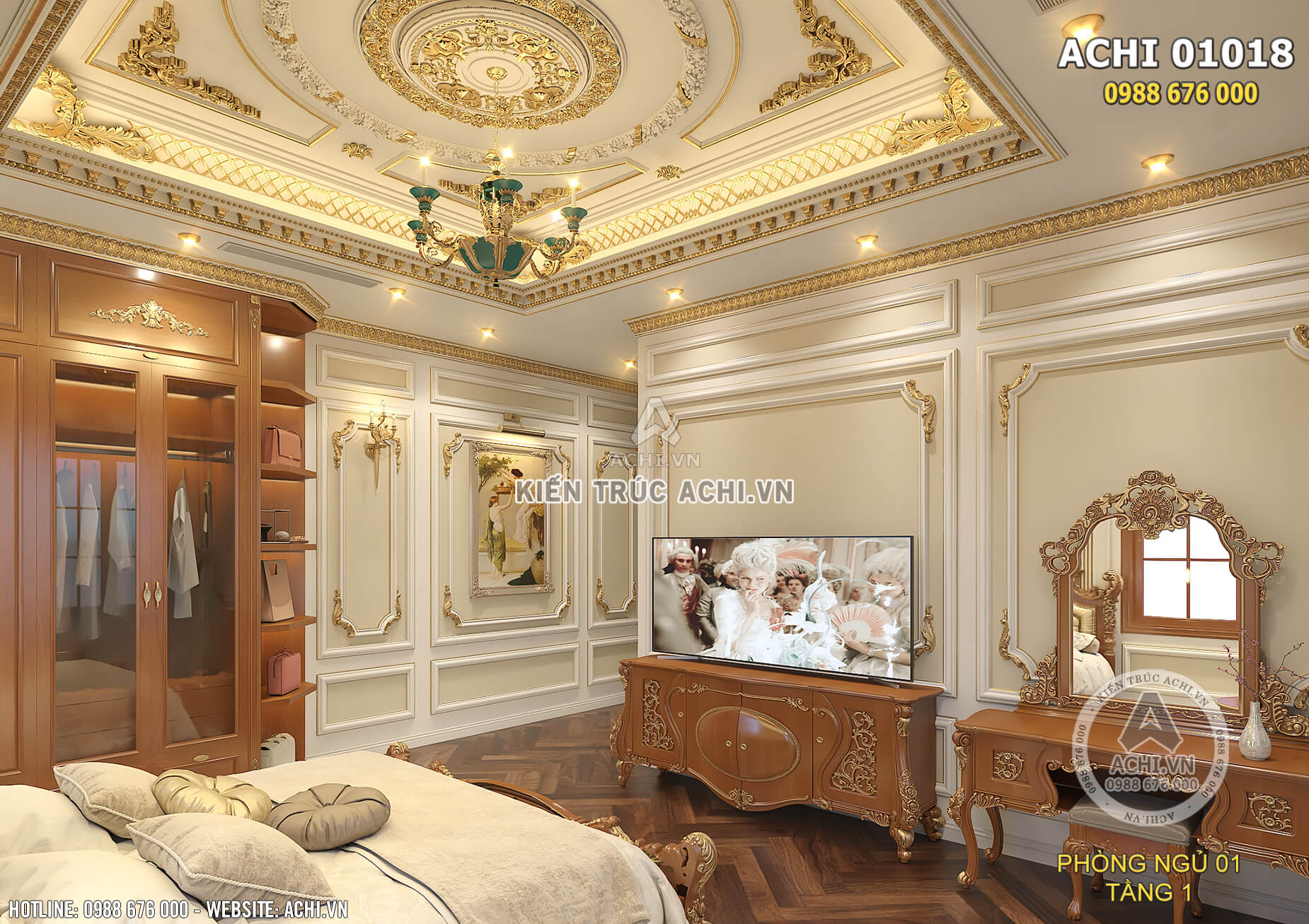 Phòng ngủ tầng 1 được thiết kế cầu kỳ, tinh xảo mang đến một không gian sống đẳng cấp