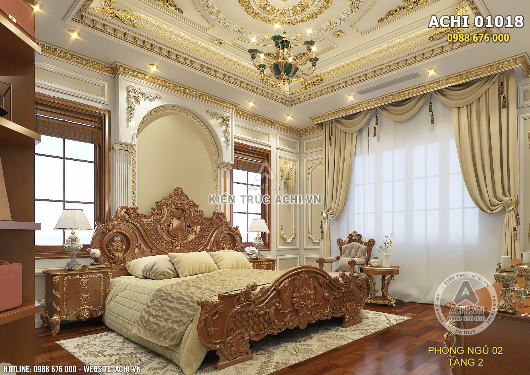 Chiếc giường ngủ bằng gỗ tự nhiên cao cấp được điêu khắc cầu kỳ, tinh xảo là điểm nhấn của không gian nội thất phòng ngủ