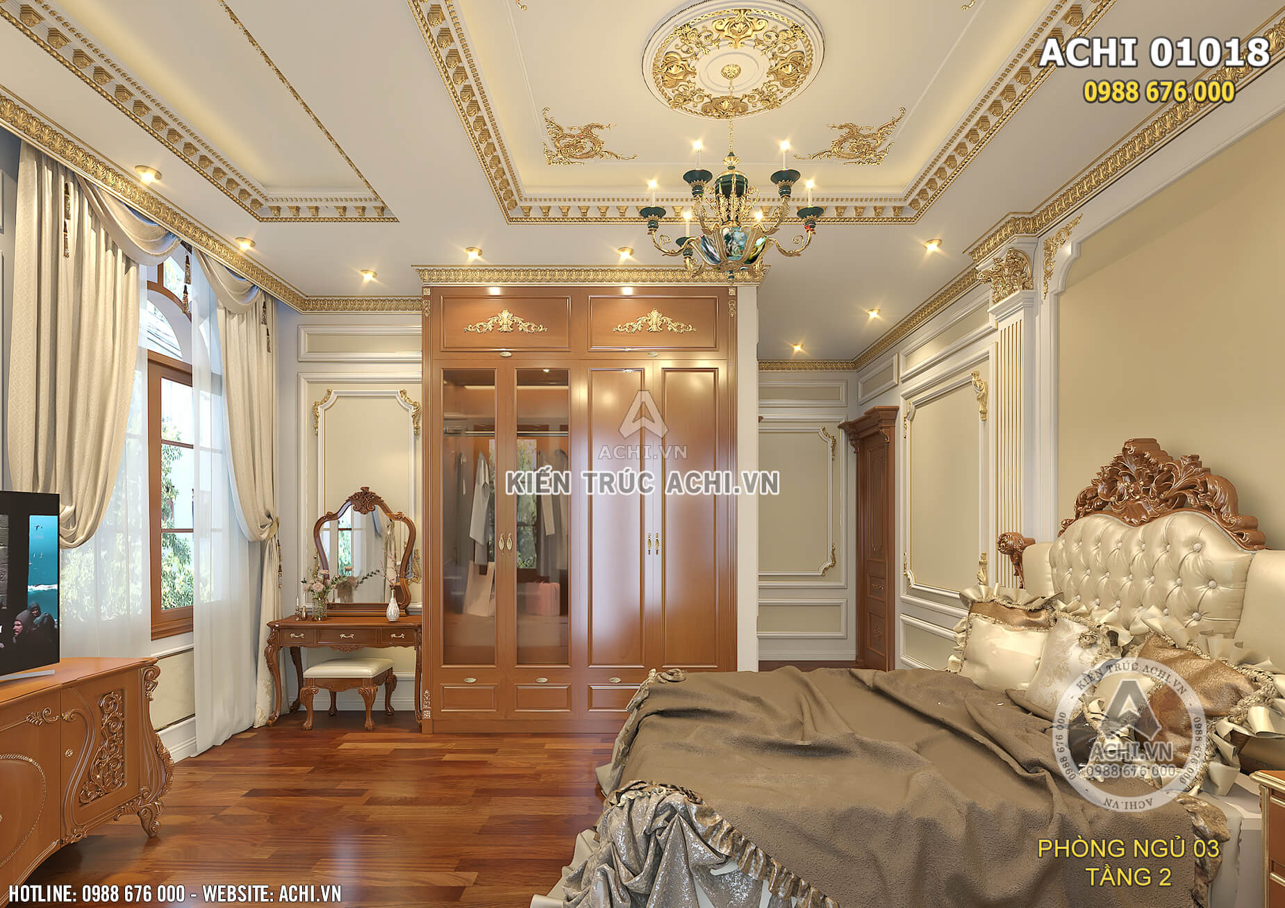 Nội thất phòng ngủ theo phong cách tân cổ điển được lát gỗ tự nhiên cao cấp vô cùng ấm áp và đẳng cấp