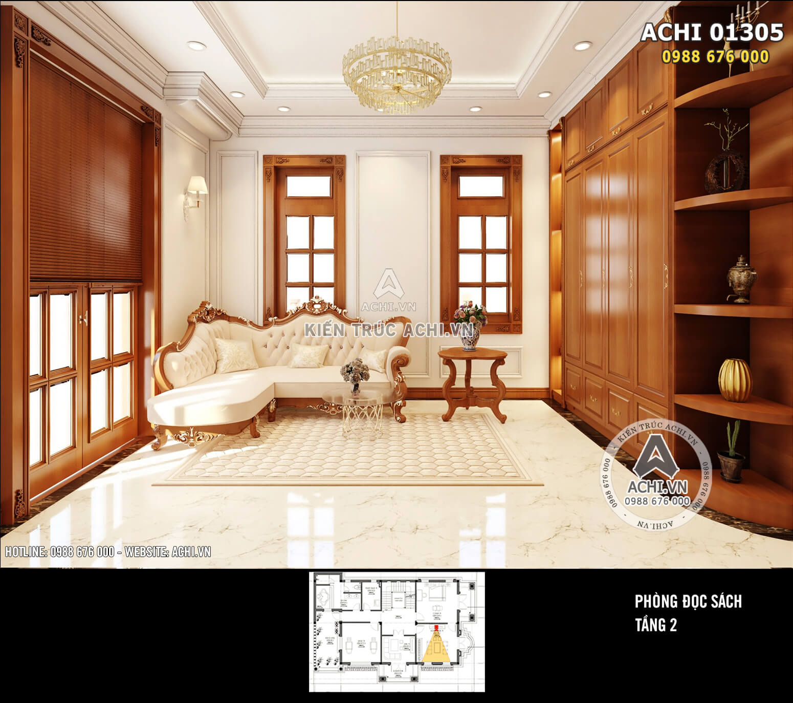 Thiết kế nội thất ấn tượng với điểm nhấn là đồ nội thất gỗ kết hợp với nội thất tân cổ