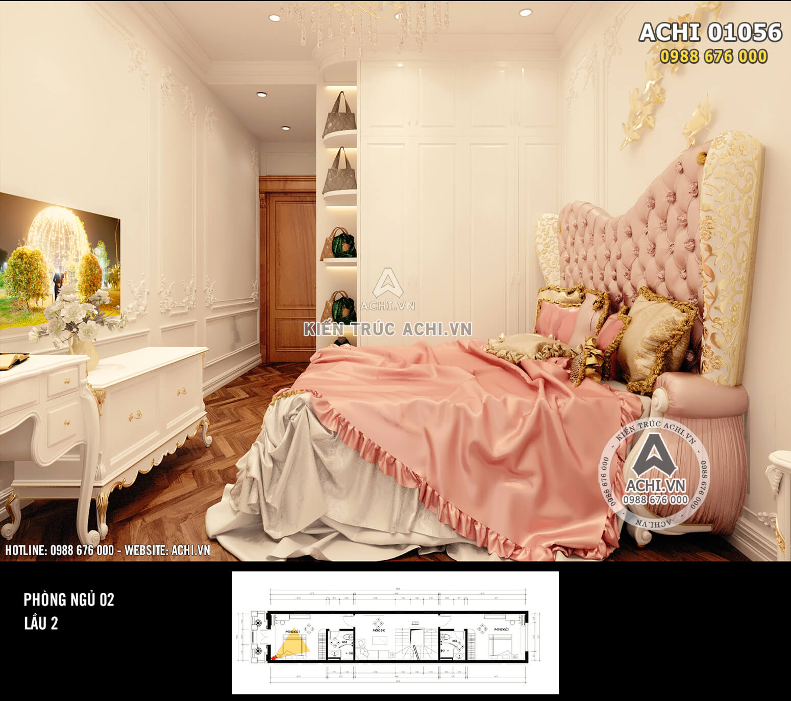 Hình ảnh: Không gian phòng ngủ 2 được tạo điểm nhấn nhờ vào chiếc giường Queen màu hồng phấn