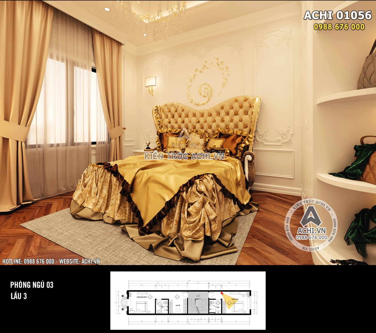 Hình ảnh: Không gian phòng ngủ 3 được thiết kế với tone màu vàng chủ đạo