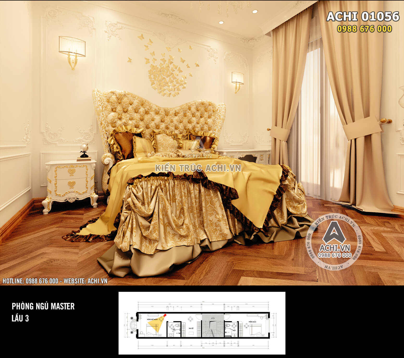 Hình ảnh: Chiếc giường Queen với tone màu vàng vương giả