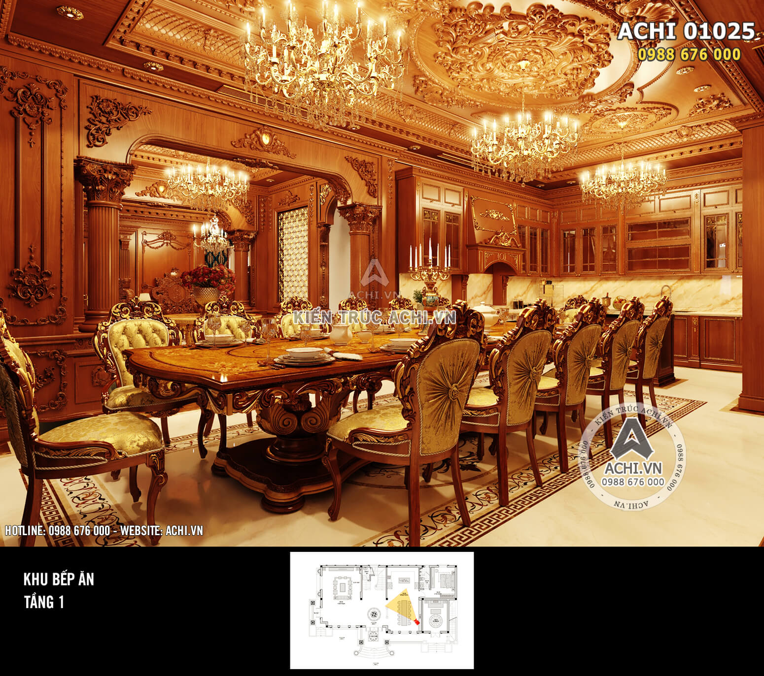 Không gian phòng ăn được chang hoàng sang trọng với nội thất gỗ gõ đỏ - ACHI 01025