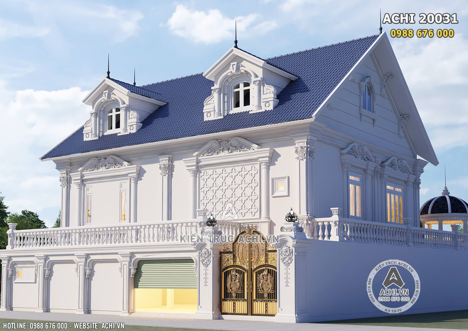 Góc view phía sau phối cảnh 3D bản vẽ nhà mái Thái tân cổ điển