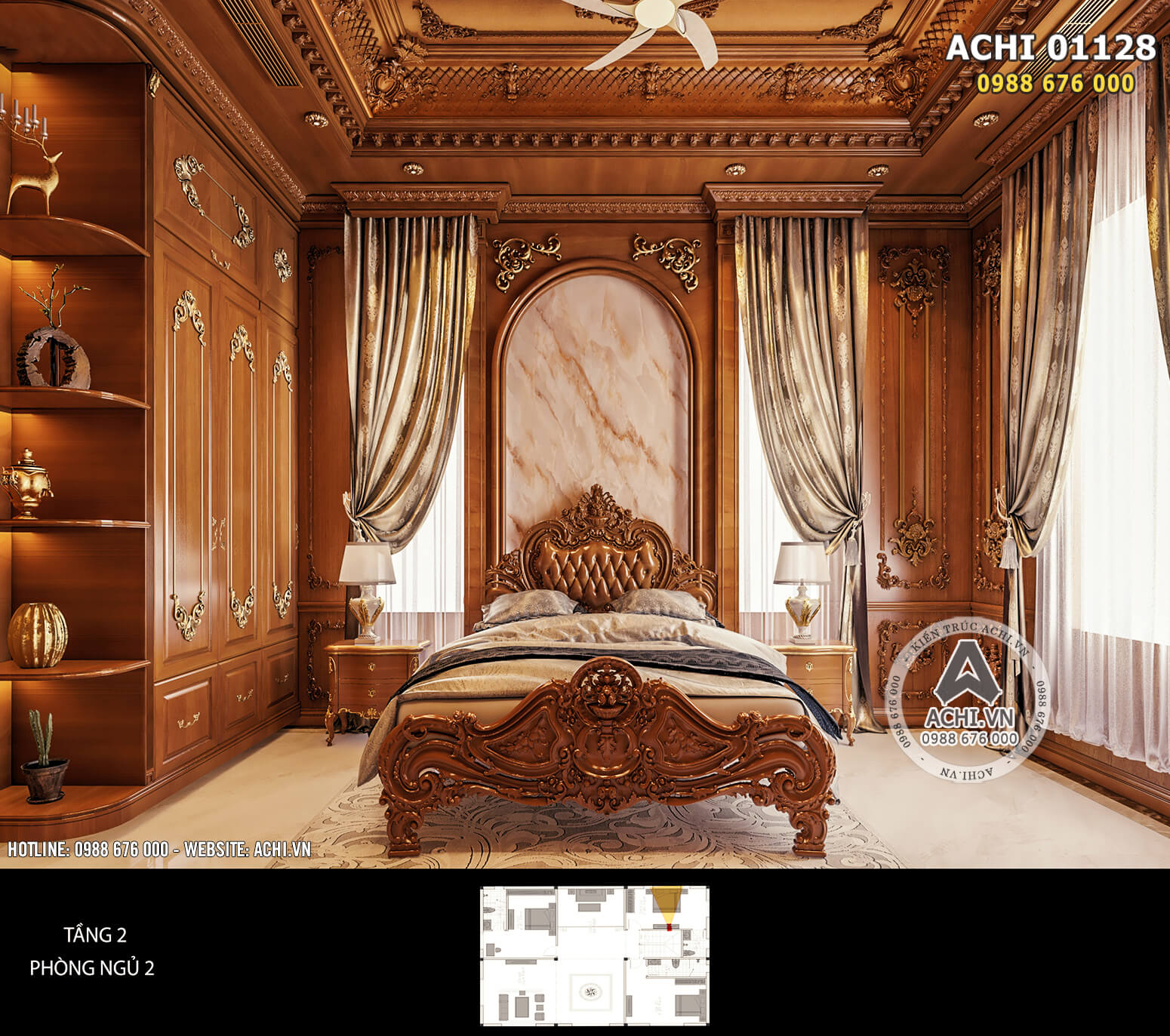 Mẫu thiết kế nội thất phòng ngủ tầng 2 mang phong cách kiến trúc tân cổ điển