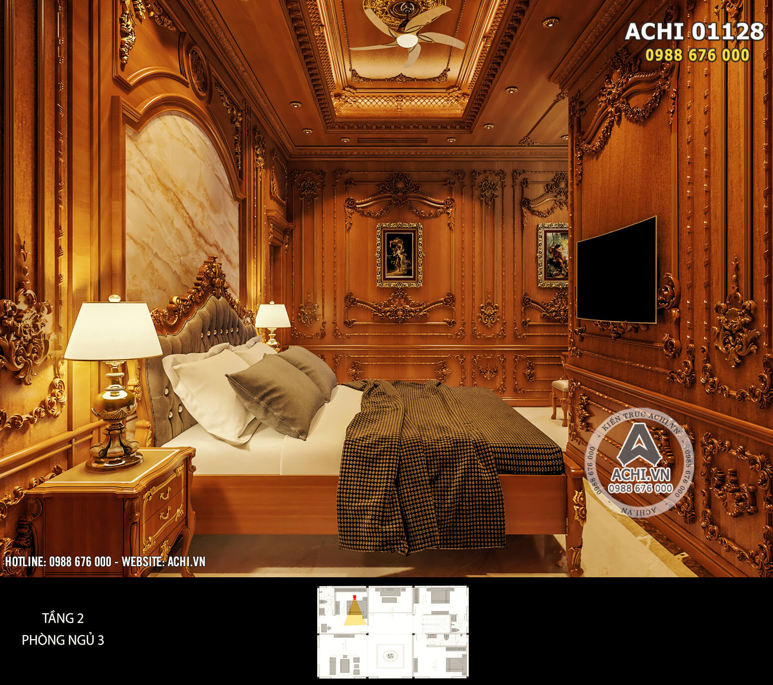 Không gian phòng ngủ với thiết kế tân cổ điển bằng gỗ gõ đỏ đẹp, đẳng cấp