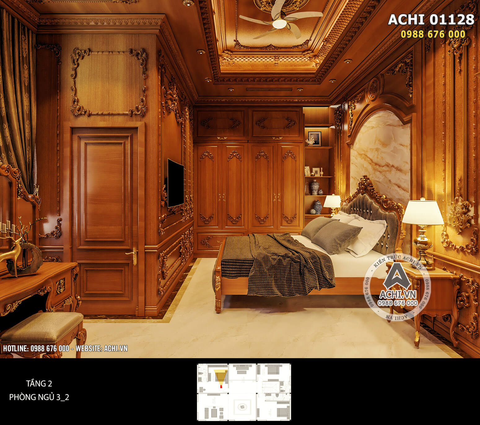 Thiết kế phỏng ngủ master bằng gỗ gõ đỏ mang đến cảm giác hoàng gia sang trọng