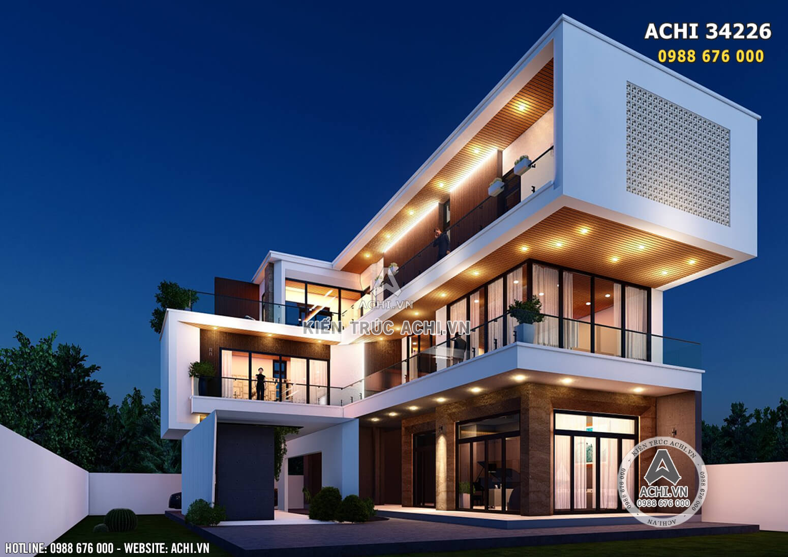 Phối cảnh 3D mặt tiền mẫu thiết kế nhà villa 3 tầng hiện đại đẹp