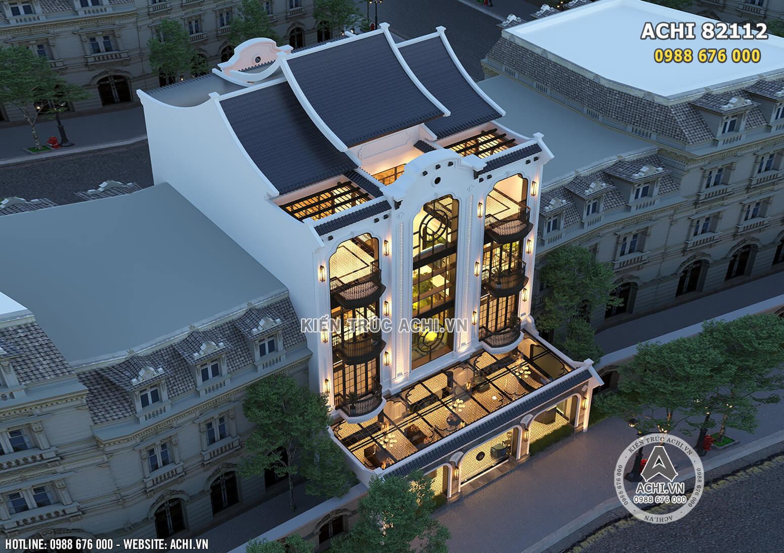 View 3D từ trên cao xuống mẫu thiết kế nhà phố tân cổ điển kết hợp kinh doanh
