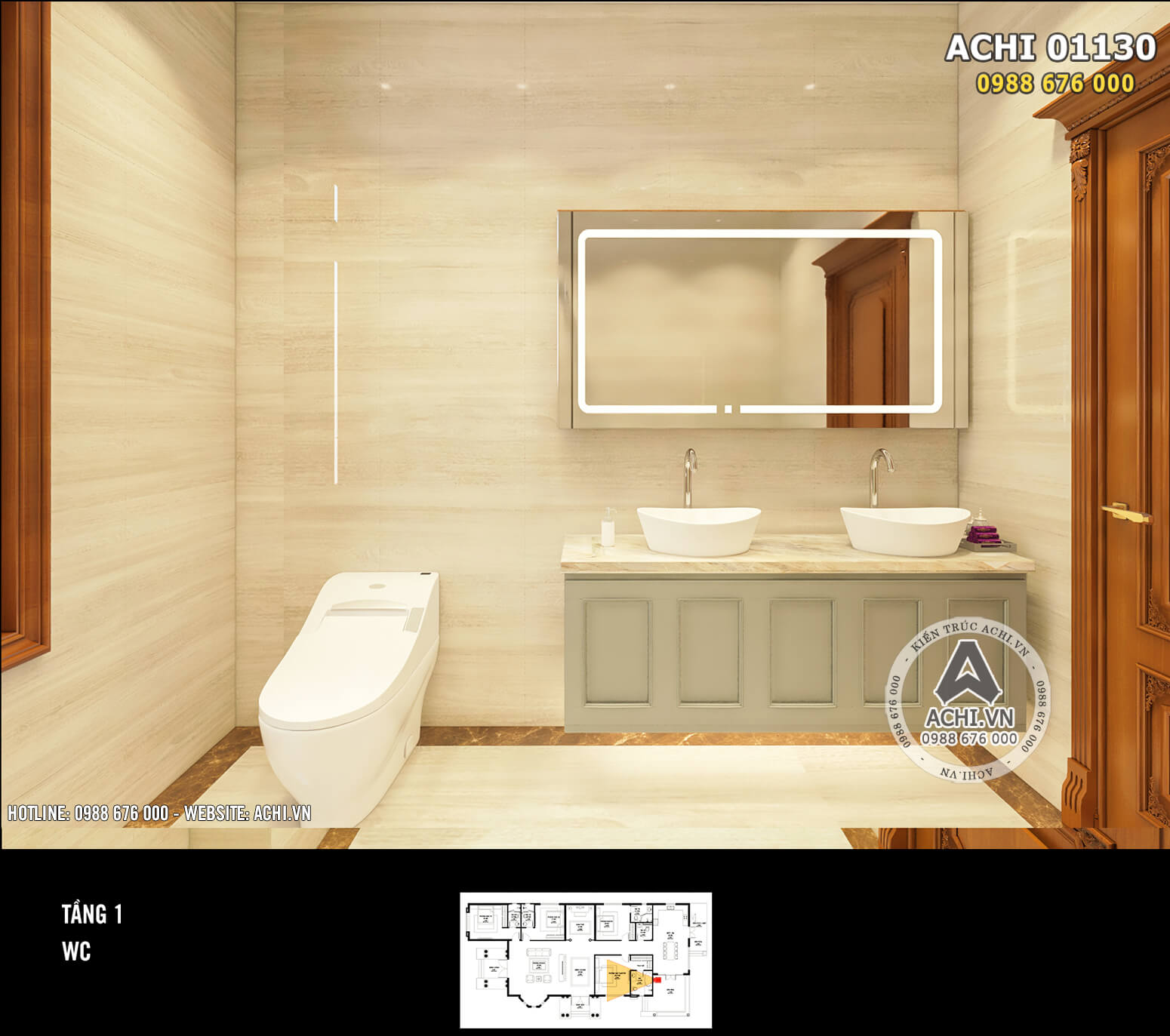 Thiết kế 3D nội thất phòng vệ sinh WC tầng 1