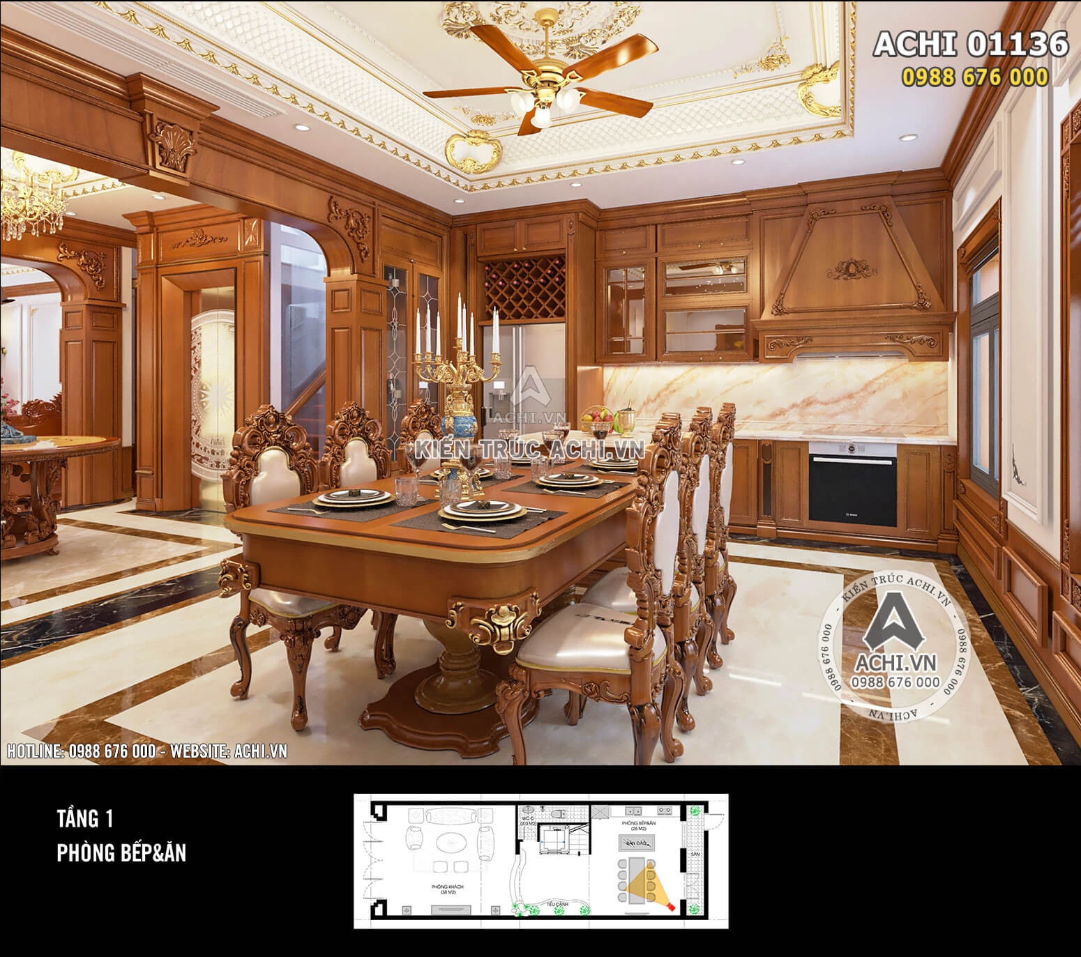 Phối cảnh 3D nội thất phòng bếp đẹp, đẳng cấp