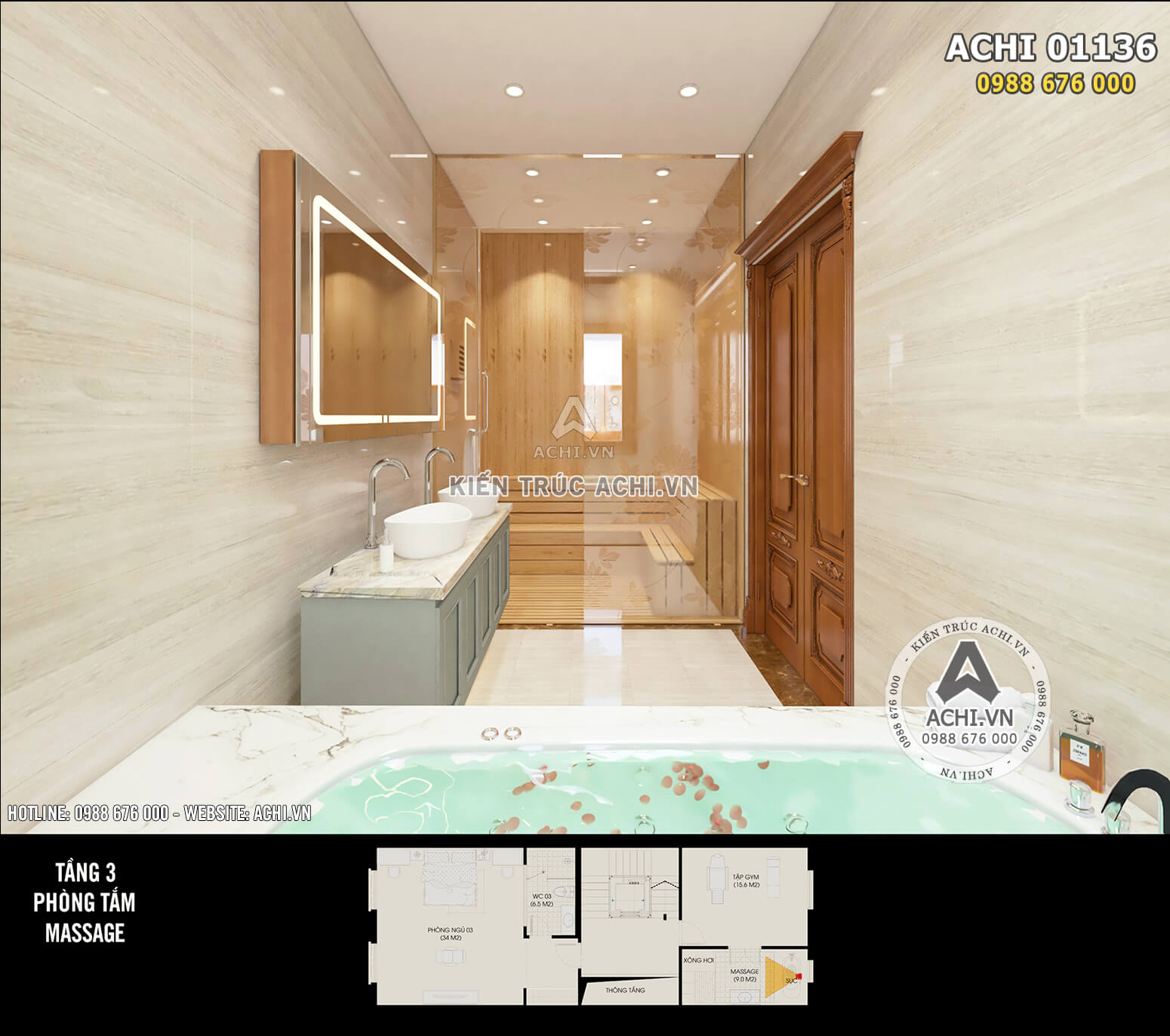 Không gian nội thất phòng tắm Massage được thiết kế hiện đại với phòng xông hơi của Nhật