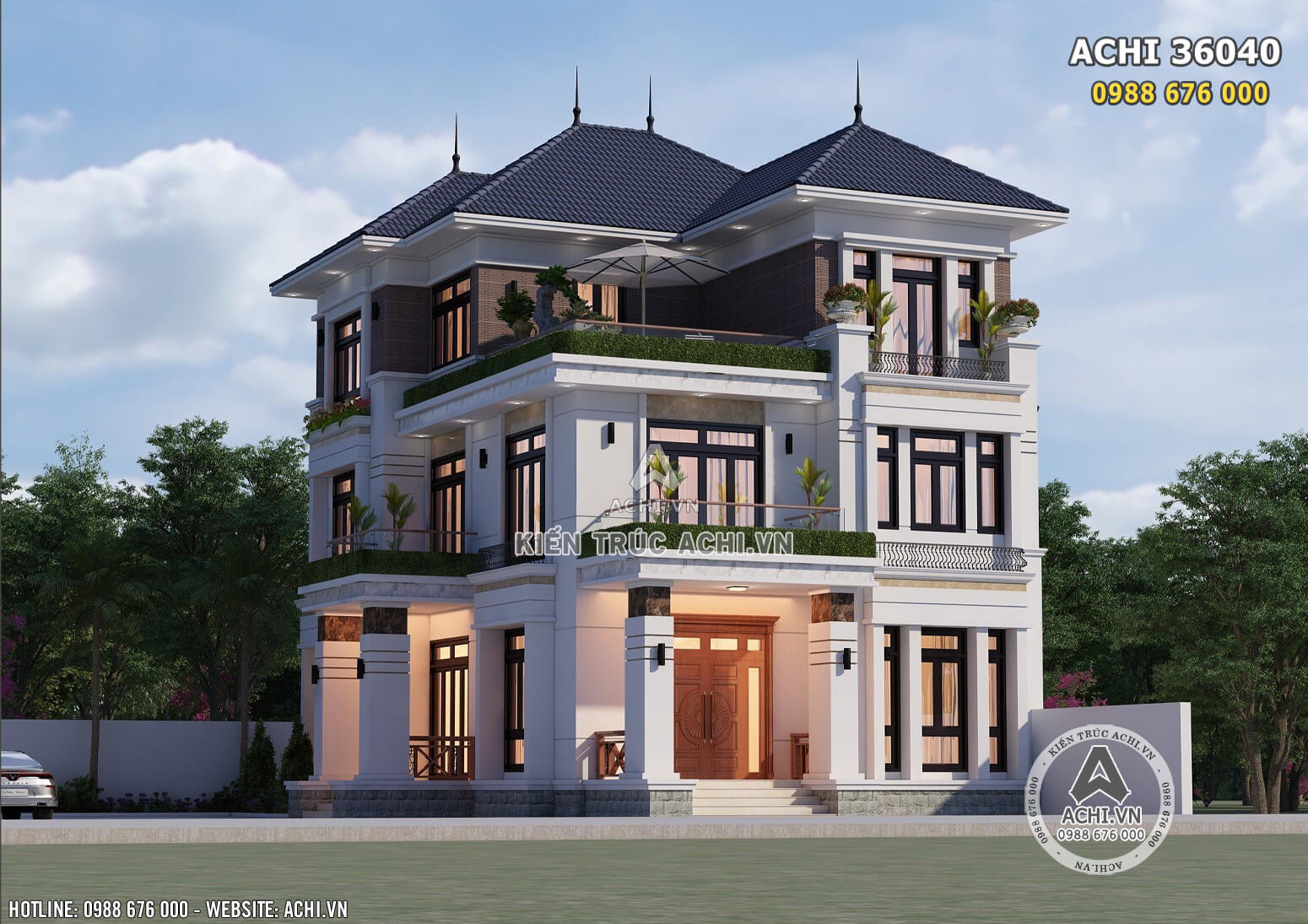 Một góc view đẹp không gian 3D ngoại thất mẫu thiết kế nhà mái nhật 3 tầng tại Hà Nội