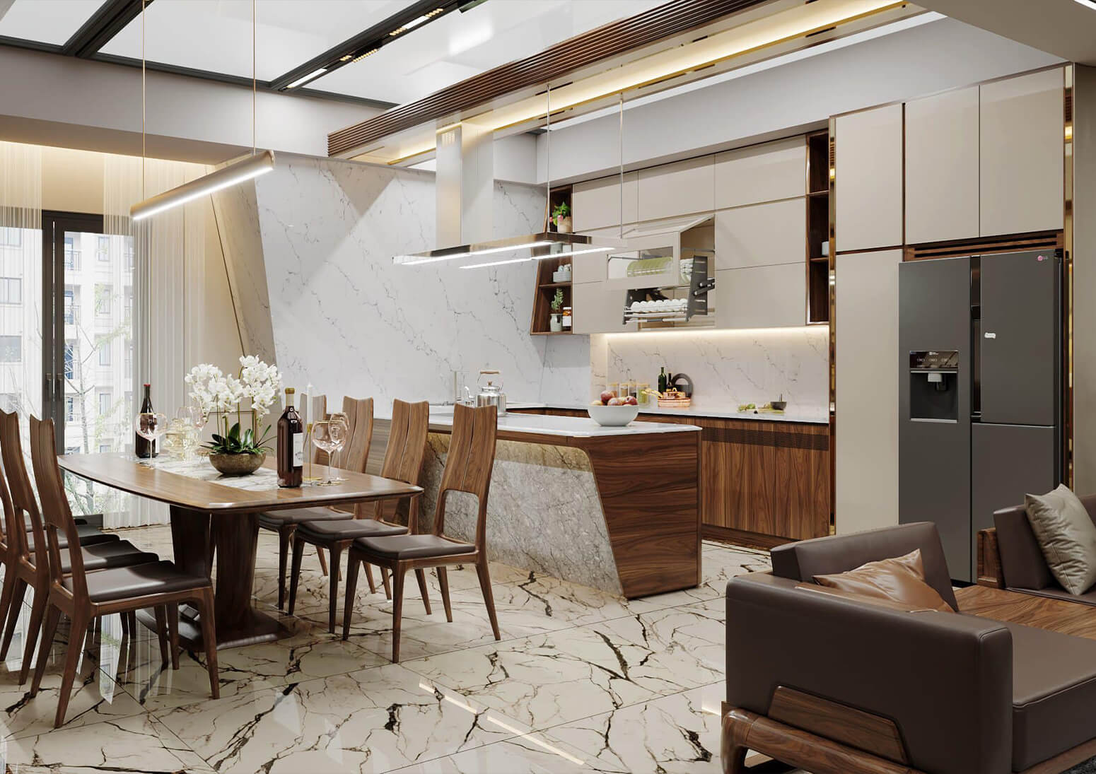 Không gian nội thất bếp được thiết kế với nội thất gỗ óc chó sang trọng, tiện nghi