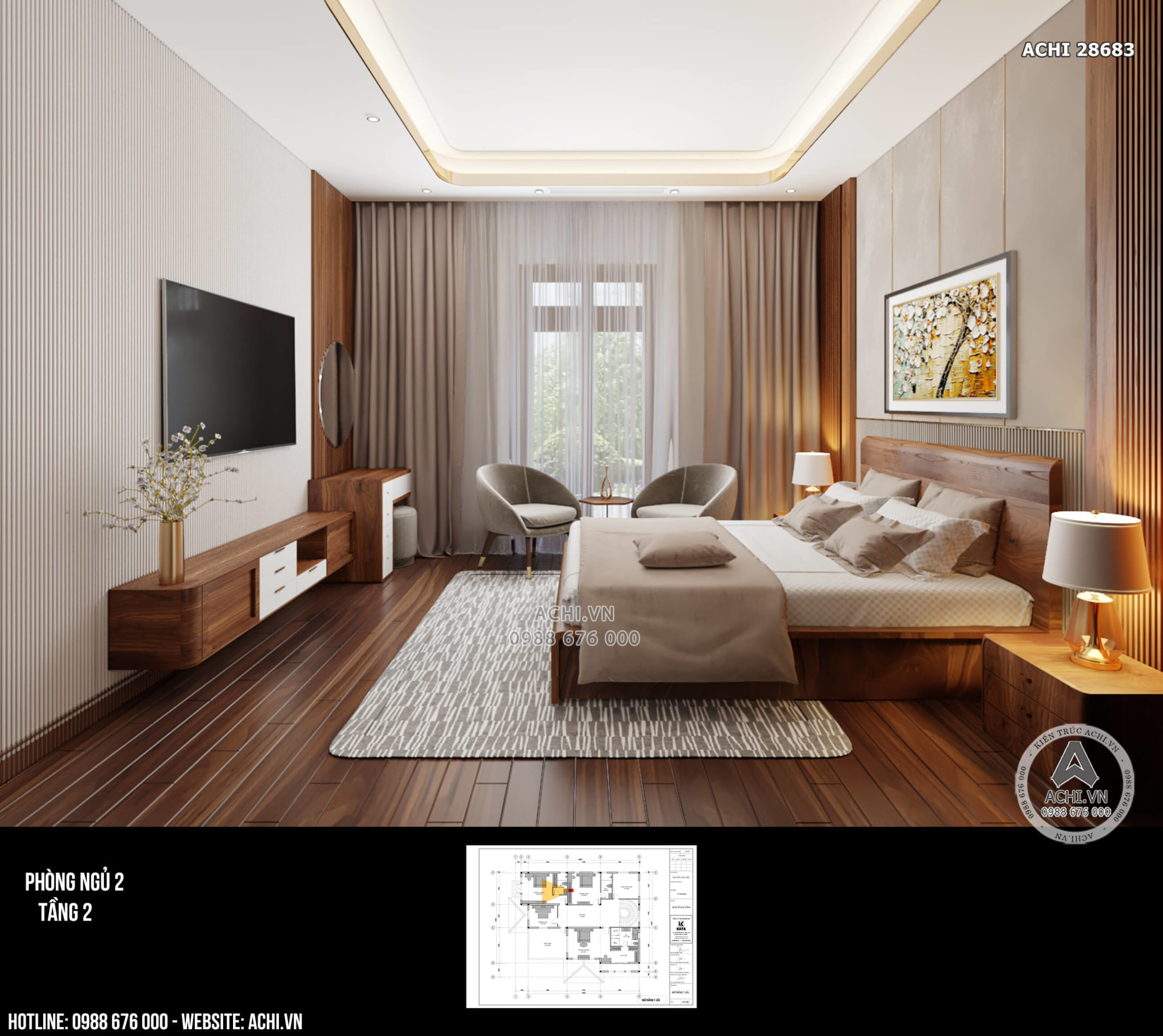 Nội thất phòng ngủ mẫu biệt thự mái nhật 2 tầng tại Kiên Giang