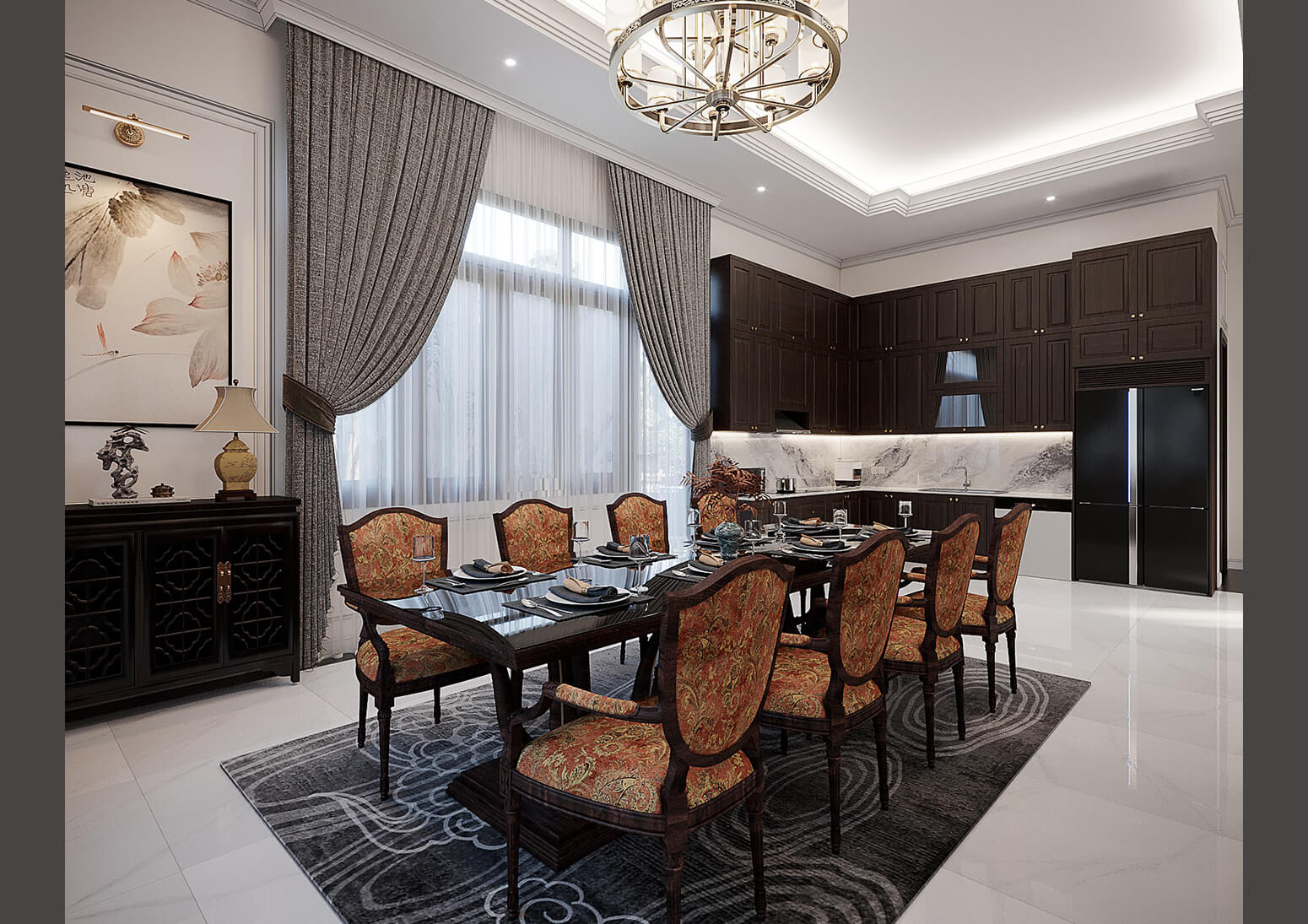 Nội thất phòng bếp nổi bật với bộ bàn ghế ăn phong cách cổ điển Châu Âu