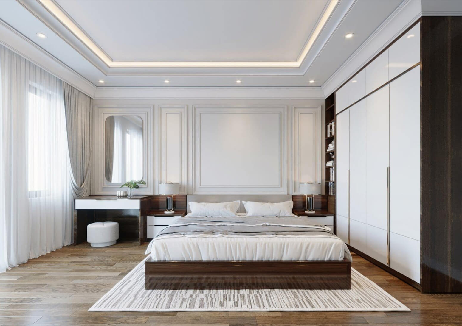 Phòng ngủ thiết kế rộng rãi và với nhiều ô kính lớn đón gió và không khí từ bên ngoài
