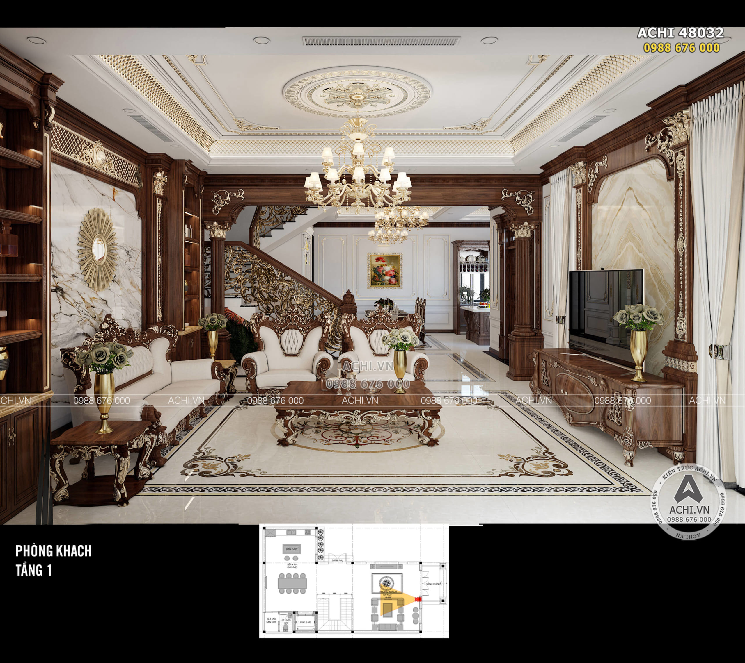Thiết kế nội thất tân cổ điển phòng khách được thiết kế mở, rộng rãi và thoáng đãng