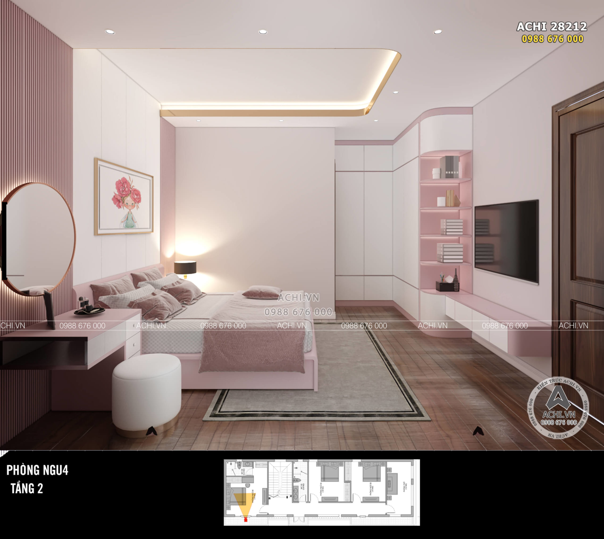 Thiết kế phòng ngủ bé gái lớn vẫn tone màu hồng, sang trọng và ấn tượng