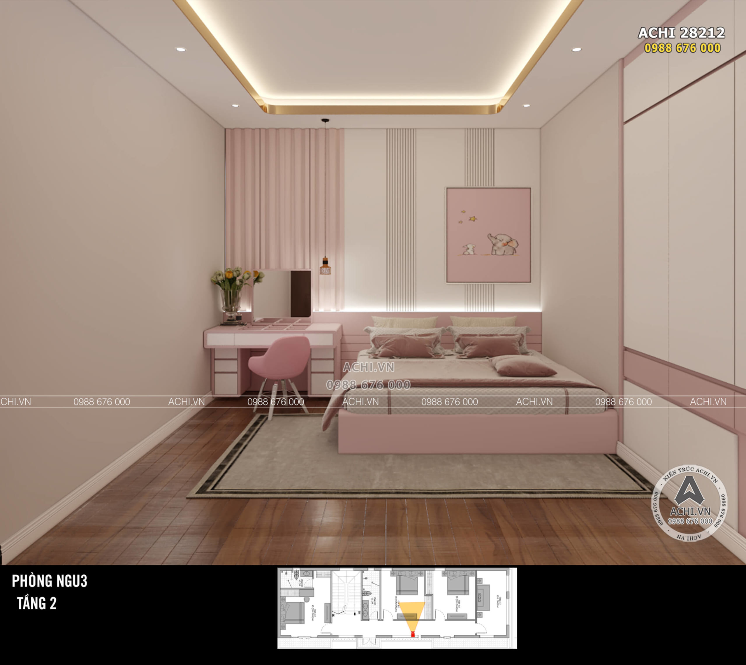 Thiết kế phòng ngủ bé gái bằng gỗ óc chó với tone màu hồng nữ tính