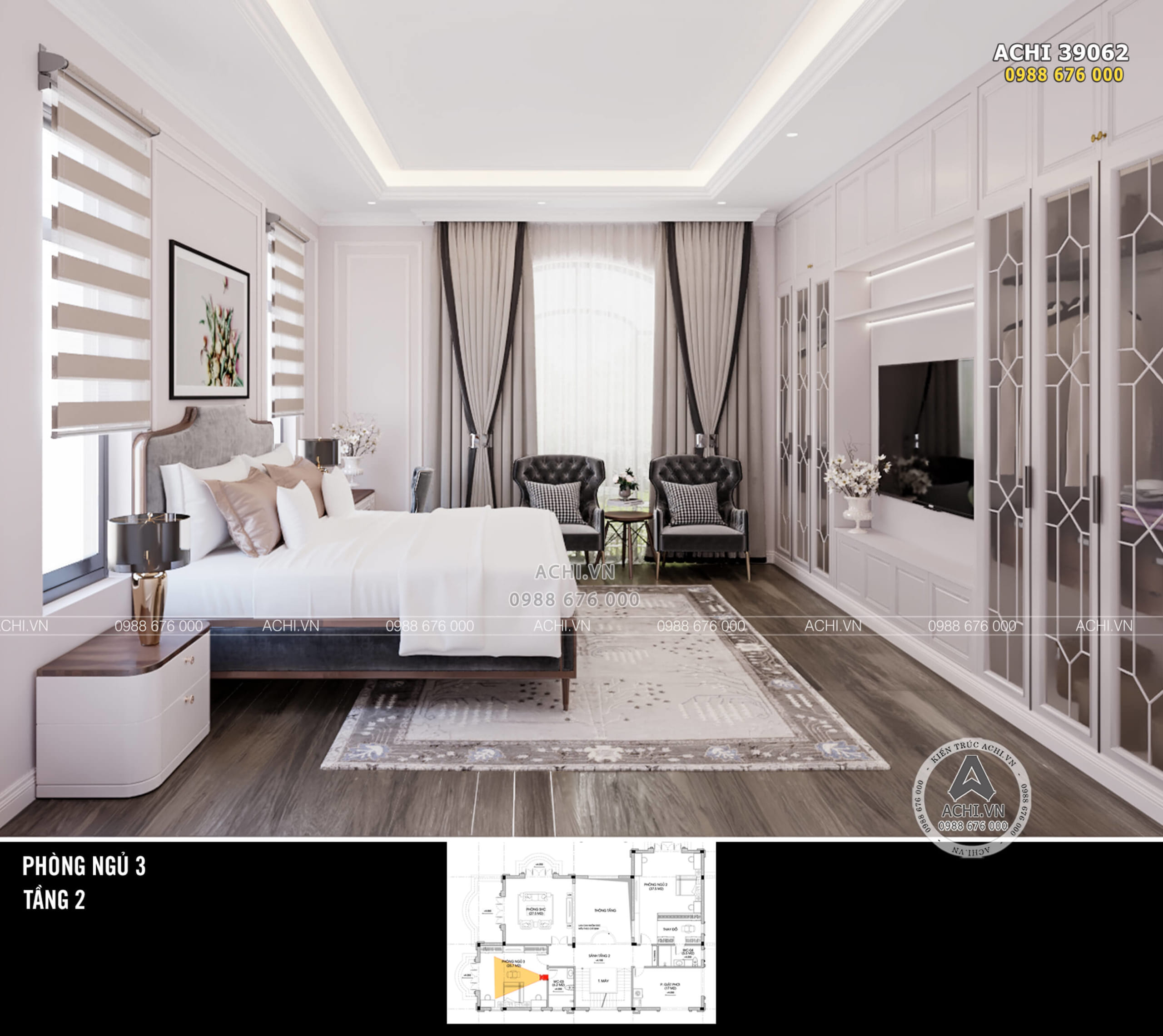 Không gian nội thất phòng ngủ tân cổ điển được thiết kế với nhiều khung cửa sổ lấy sáng