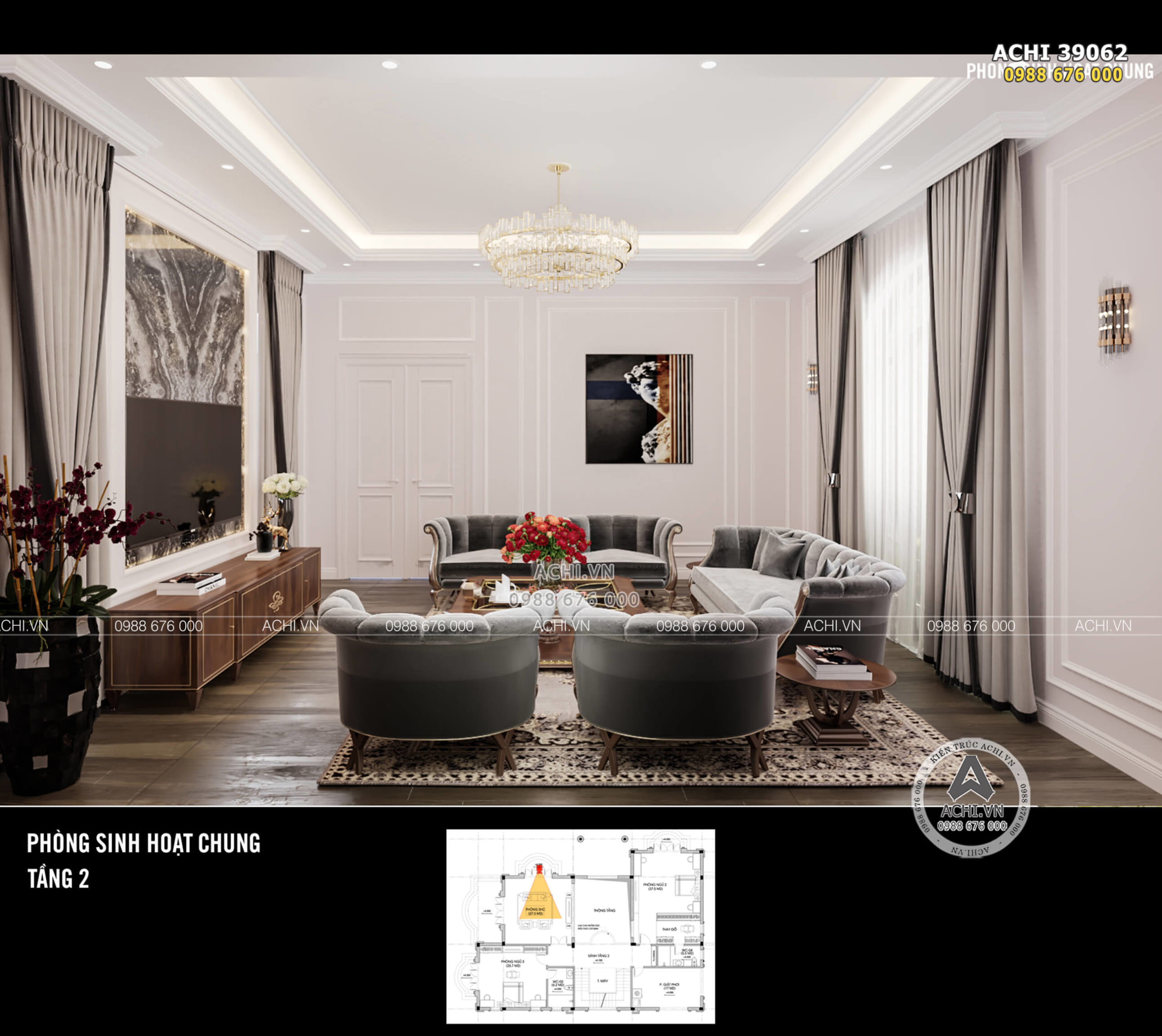 Thiết kế nội thất phòng sinh hoạt chung nổi bật với bộ sofa lớn nhập khẩu nguyên chiếc