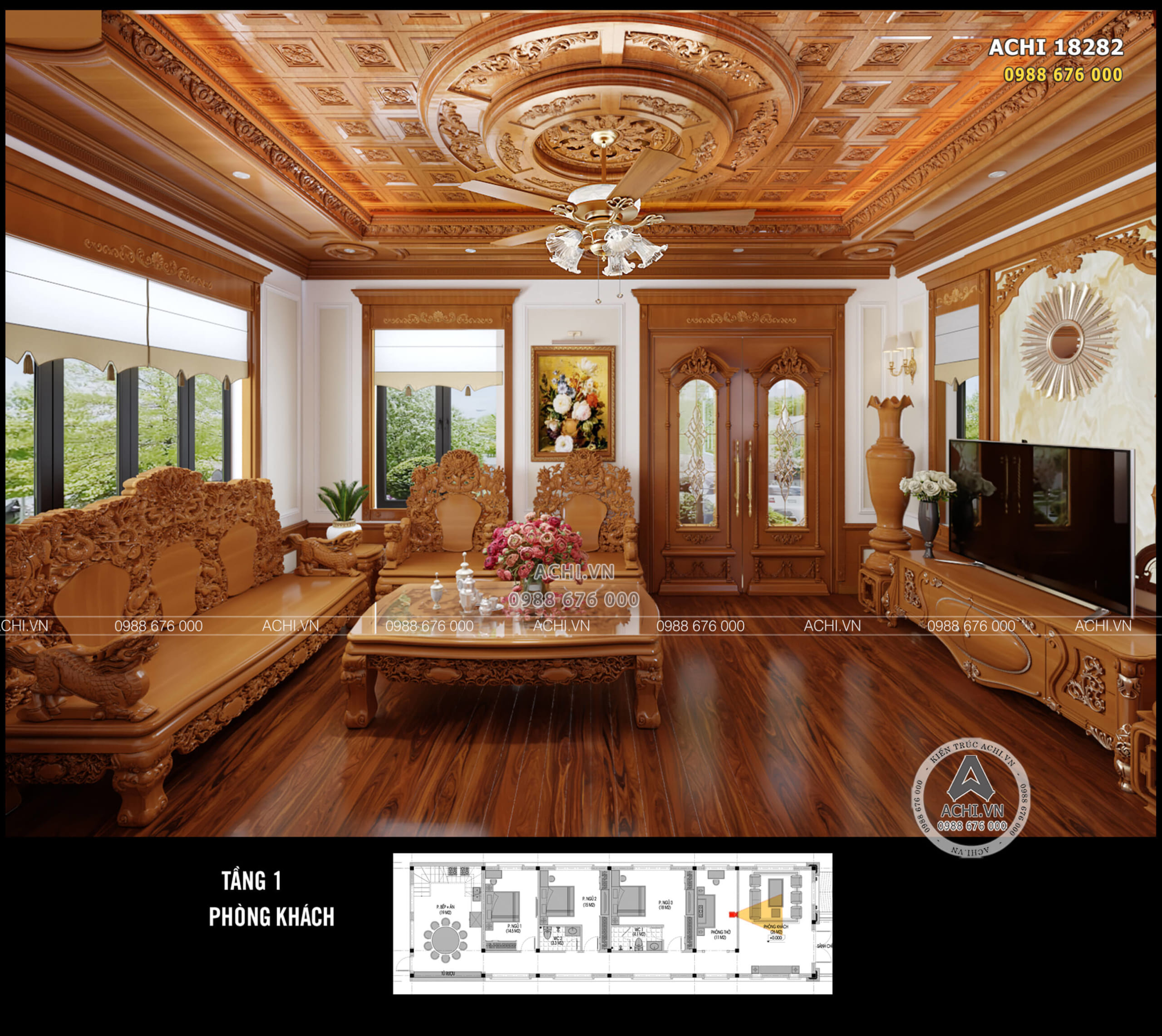 Toàn bộ không gian nội thất phòng khách sử dụng gỗ gõ đỏ cao cấp