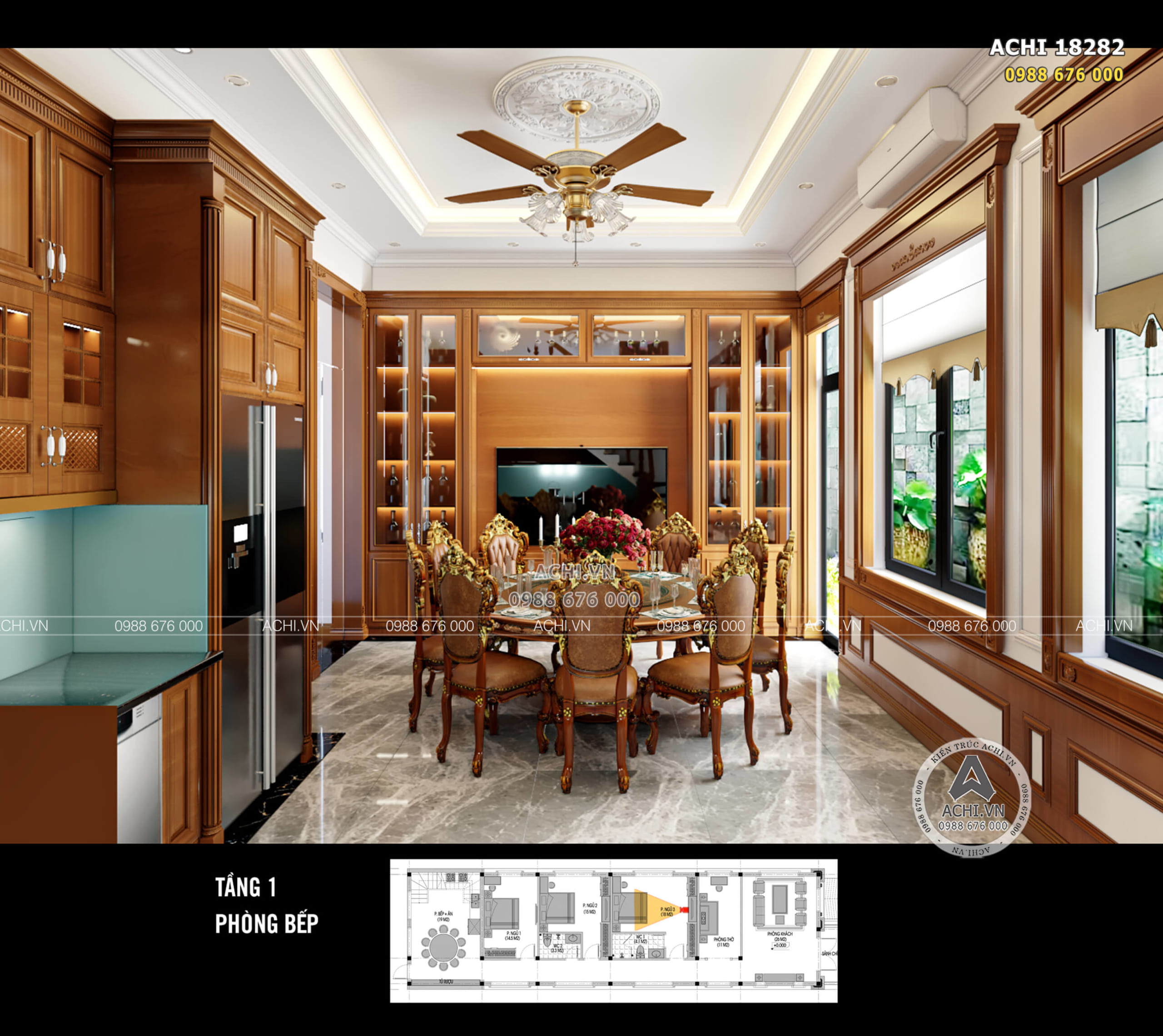 Mẫu thiết kế phòng bếp mẫu biệt thự 1 tầng theo phong cách tân cổ điển nhẹ nhàng