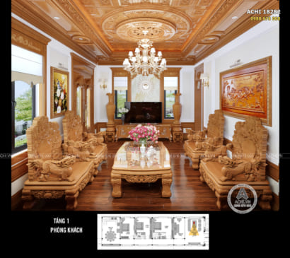Không gian phòng khách được thiết kế tỉ mỉ theo kiến trúc tân cổ điển