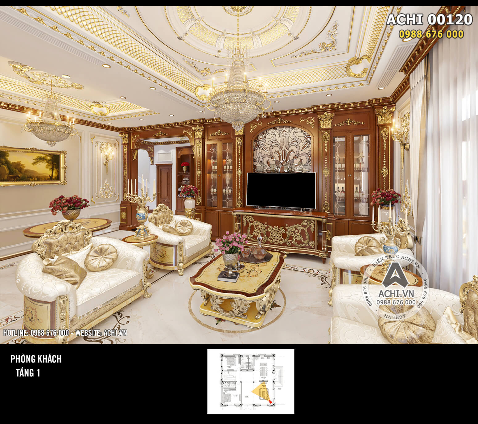 Mẫu thiết kế nội thất tân cổ đẹp nổi bật với không gian phòng khách - Mã số: ACHI 00120