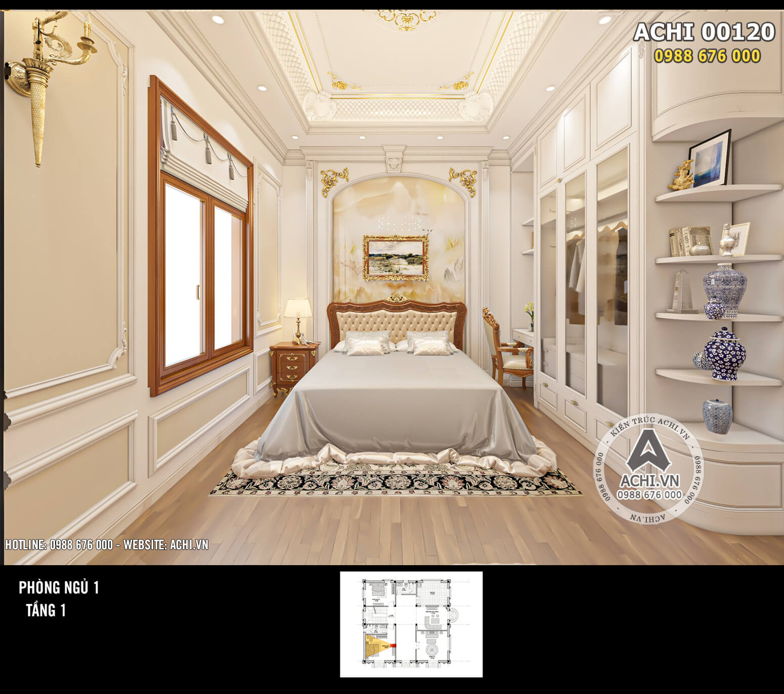 Phối cảnh 3D nội thất phòng ngủ đẹp mẫu biệt thự tân cổ điển