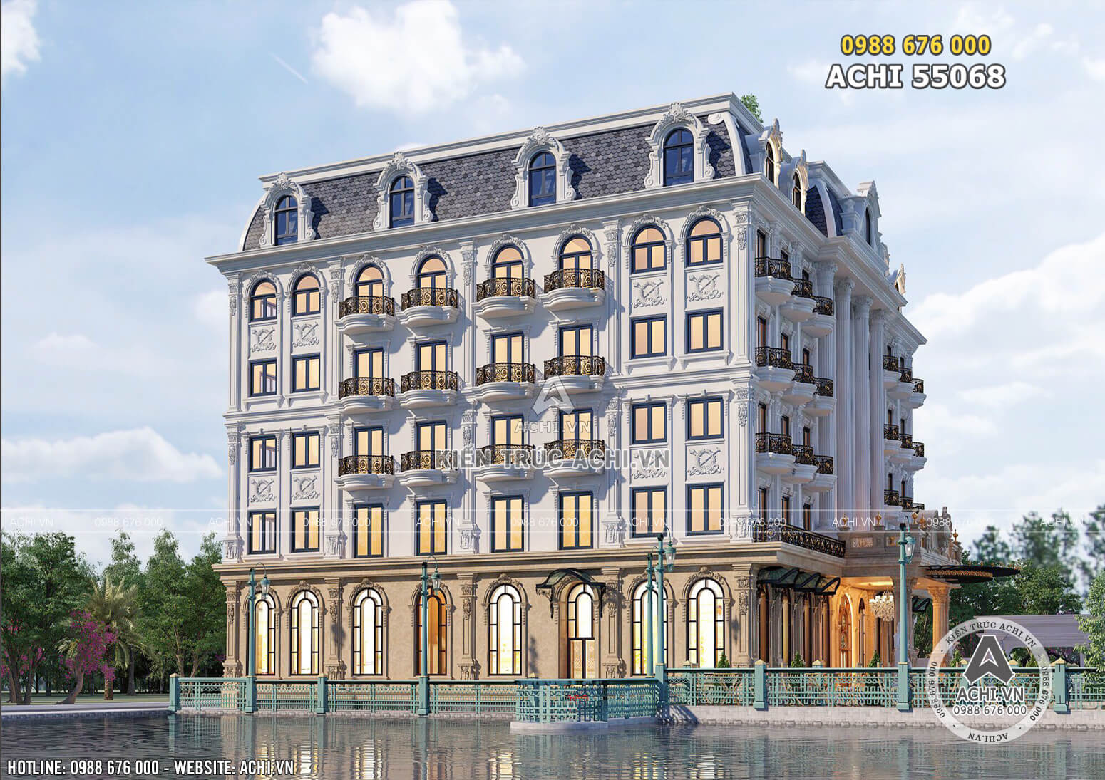 Phối cảnh 3D ngoại thất mẫu khách sạn 5 sao kiến trúc tân cổ điển