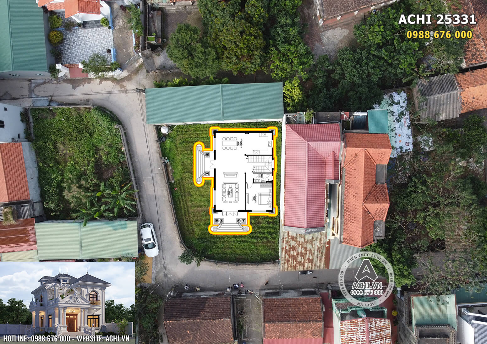 Mặt bằng định vị khuôn đất ngôi nhà từ flycam do kiến trúc sư ACHI về khảo sát