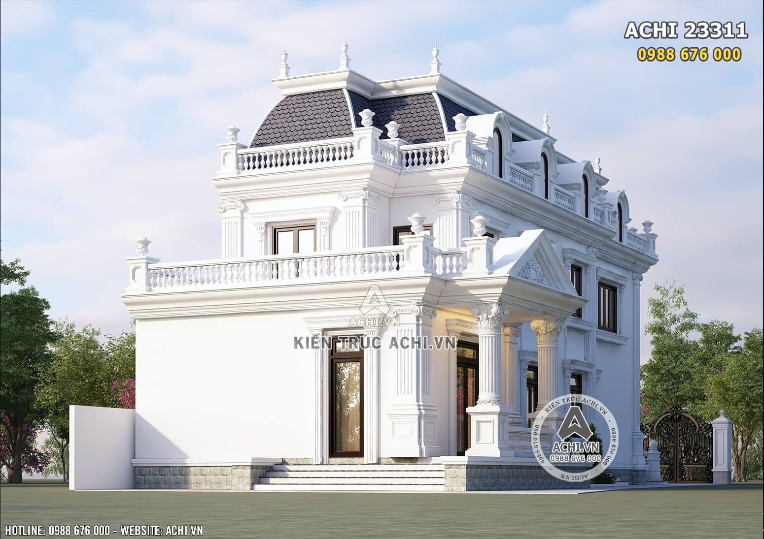 Phối cảnh 3D ngoại thất bản vẽ nhà 2 tầng tân cổ điển đẹp