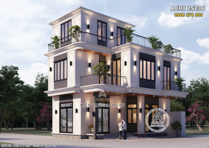 Phối cảnh 3D ngoại thất mẫu thiết kế nhà 2,5 tầng hiện đại, đơn giản