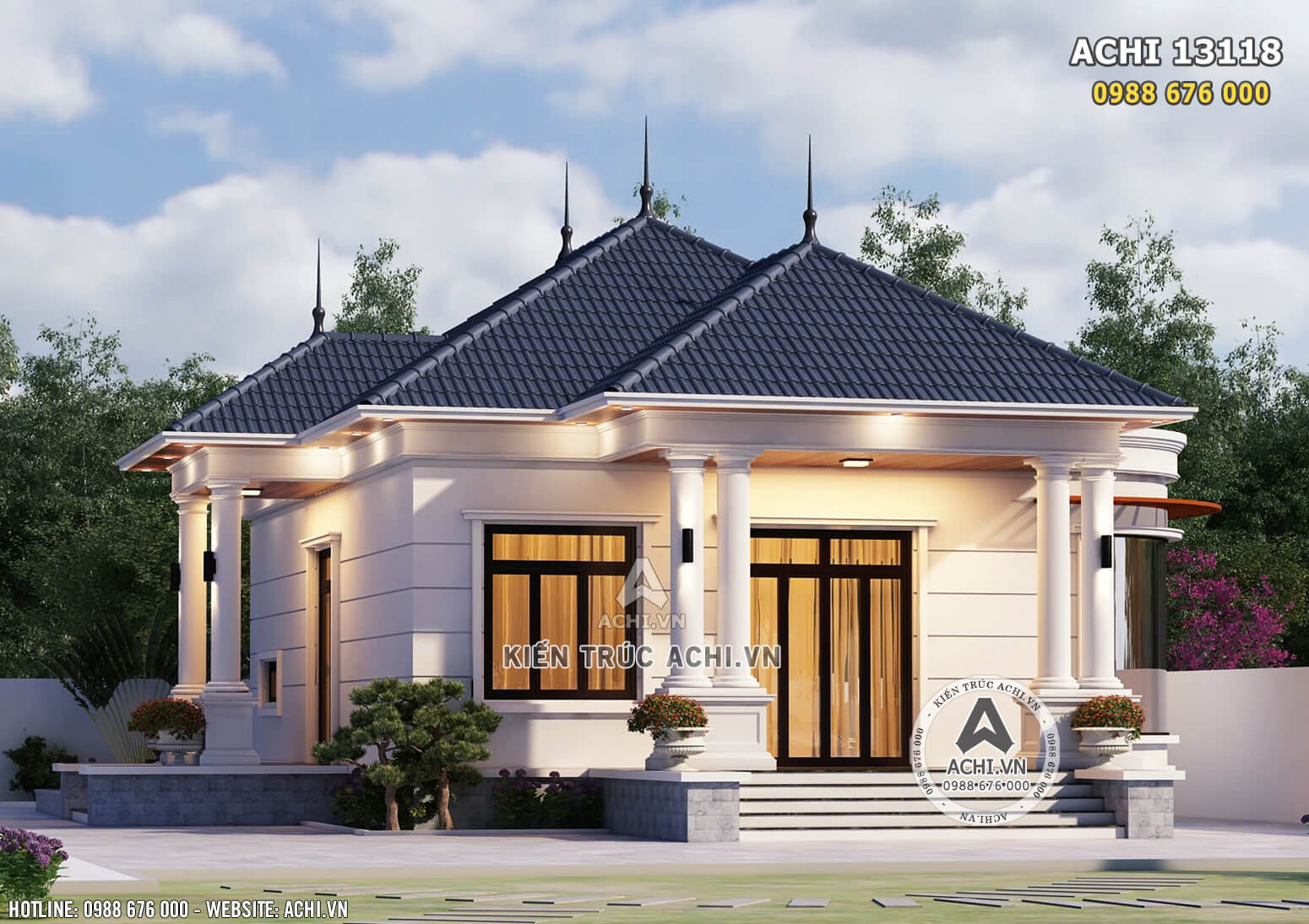 Thiết kế nhà cấp 4 đẹp kiến trúc mái nhật ACHI 13118