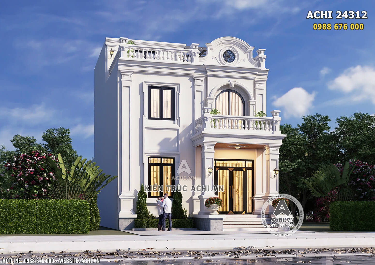 Phối cảnh 3D ngoại thất mẫu nhà 2 tầng tân cổ điển nhẹ nhàng