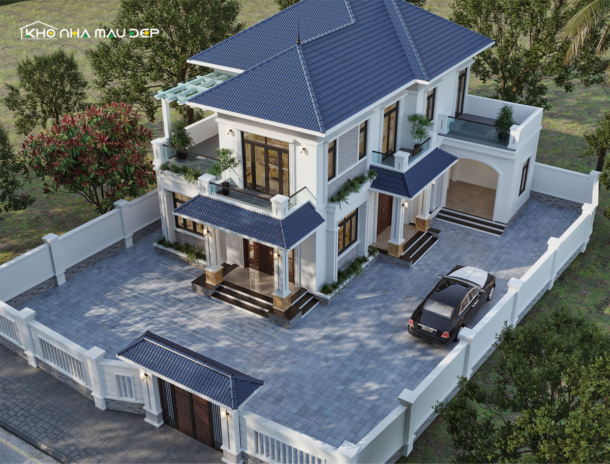 Góc view toàn cảnh phối cảnh 3D từ trên cao mẫu nhà mái Nhật tại Long Biên