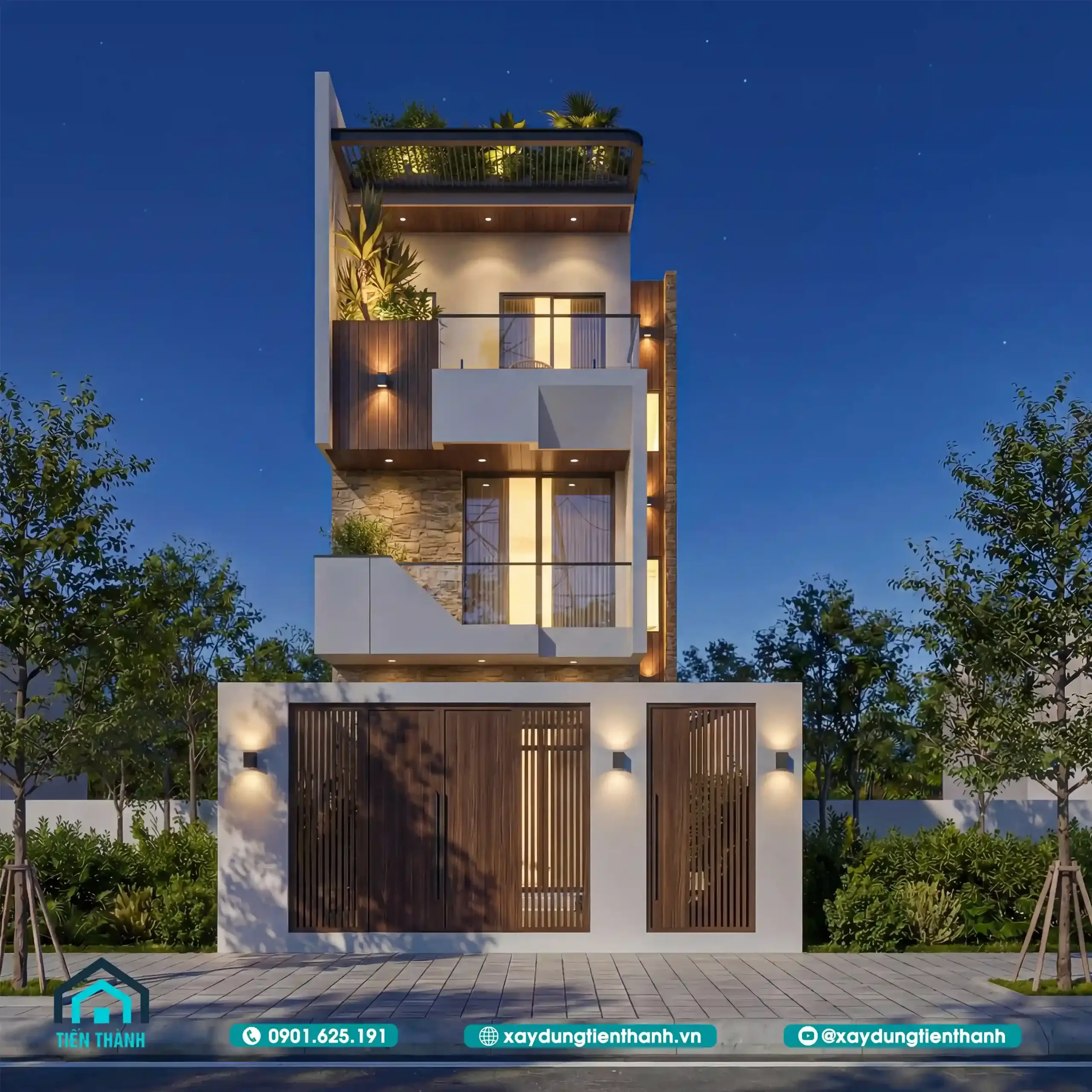 Mặt tiền ba tầng kết hợp gỗ, đá và ánh sáng trang trí ấm.