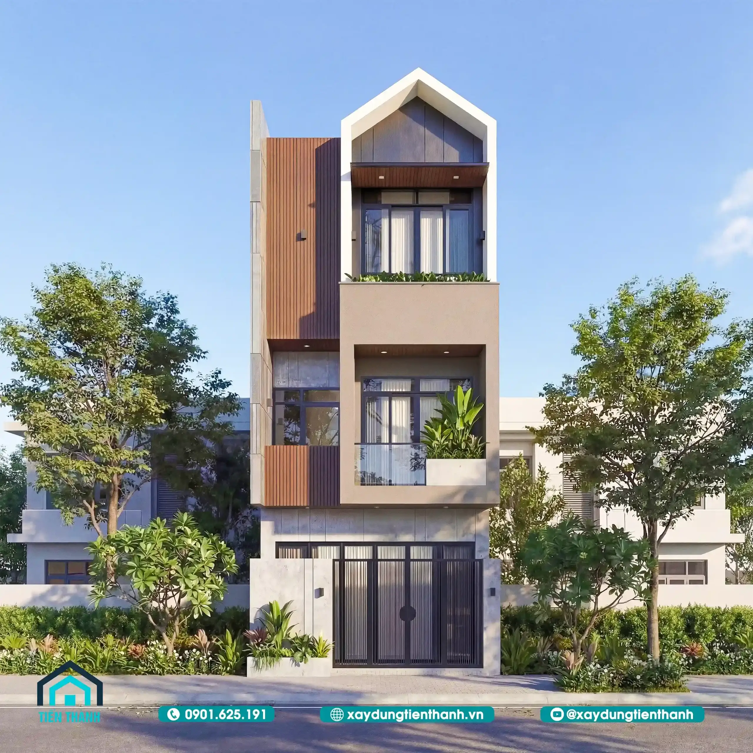 Nhà phố ba tầng sáng màu kết hợp lam mái và ban công kính.